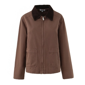 Women Vintage Cotton Canvas Workwear Jacket Contrast Corduroy Collar Zip Up Casual Long Sleeve Utility Outerwear