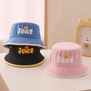 Kinder Fischerhut mit Juice Lächeln Bestickung in Blau Schwarz und Rosa Baumwolle