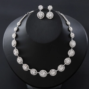 Luxurious Copper Round Sun Flower Rhinestone Jewelry Collection Silver Color Necklace Earrings For Wedding Banquet Women Jewelry