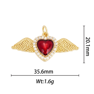 Detailed size chart for the heart wing pendant showing 35.6mm width and 20.1mm height