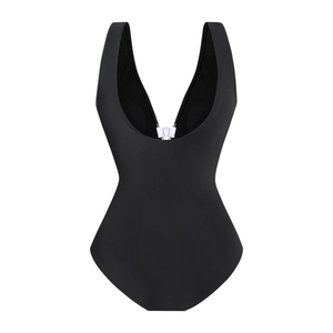 Detail of black V-neck one-piece swimsuit featuring a sleek white bow buckle connector