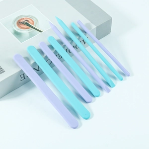 Macro detail of 8-piece silicone mixing sticks for resin DIY or cosmetic blending
