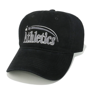 Detail of Athletics embroidery with star pattern on black cotton baseball cap