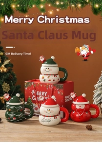 Christmas ceramic mug detail with 3D cartoon lid and gift box packaging set