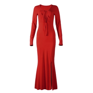 Detail of red slim fit dress showing lace-up U-neckline and soft ribbed texture