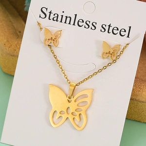 Detail view of gold stainless steel butterfly necklace and earrings on display card