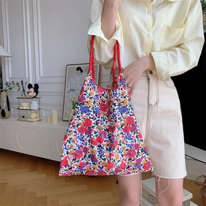 Floral canvas tote bag with drawstring, large capacity shoulder bag for women's summer use