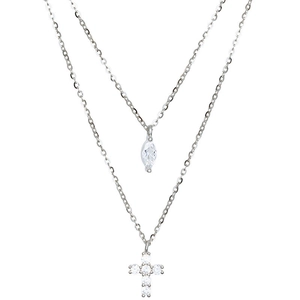 S925 sterling silver double layer necklace with cross and marquise drop pendant