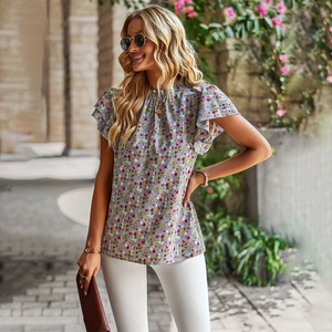 Women's blue floral short sleeve blouse with ruffle sleeves and round neck for casual wear