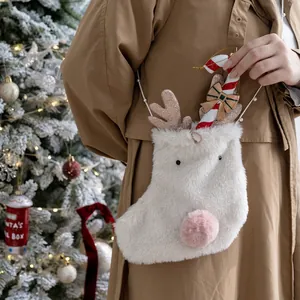 Christmas Reindeer Plush Stocking Gift Bag Faux Fur Elk Antler Artificial Pearl Strap Festive Holiday Party Decor Pink White