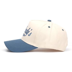 Detail view of the side 3D embroidery showing Nobodys text on a two-tone baseball cap