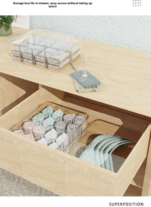 Detail showing a 15-compartment transparent storage box for organizing socks and underwear