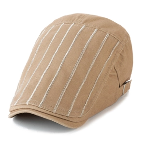 Detail of khaki cotton flat cap featuring white vertical embroidery and metal side buckle