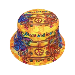 Colorful hippie peace sign fisherman bucket hat with psychedelic van patterns