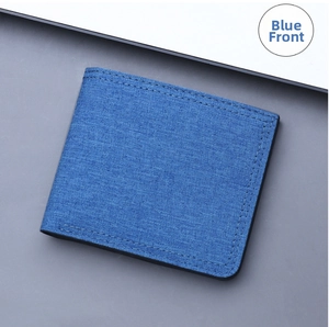 Front view of a blue canvas bi-fold wallet for men with visible fabric texture