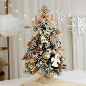 Mini 60cm green Christmas tree with gold ornaments and warm LED lights for tabletop decor