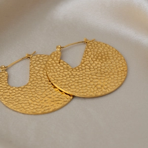 Textured 18K gold plated chunky hoop earrings with hammered metal surface for women