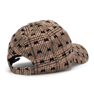 Brown plaid baseball cap with black bow embroidery and adjustable metal buckle