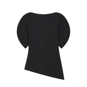 Women's black off-shoulder top featuring stylish puff sleeves and asymmetrical hemline