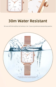 Detail of square quartz watch with rose gold mesh strap showing 30m water resistance