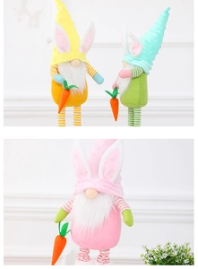 Detailed view of three colorful Easter plush gnomes with bunny ears and carrots