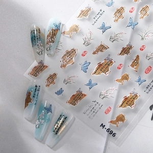 Nail Art Stickers Chinese Style Ink Wash Calligraphy Butterfly Flower Ultra Thin Self Adhesive Manicure Decoration