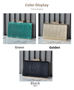 Detailed view of pleated evening clutch bags in green, gold, and black colors