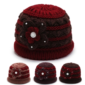 Elderly Women Winter Knit Beanie Hat Thickened Fleece Lined Warm Bucket Hat With Flower Pearl Rhinestone Decoration Gift For Mother