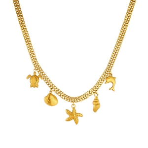 Gold stainless steel ocean charm necklace with turtle starfish and shell pendants
