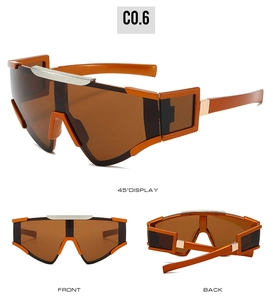 Three views of orange geometric cycling sunglasses with tinted shield lenses and metal trim