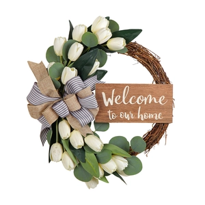 Tulip wreath with Welcome to our home sign and striped bow on natural twig base