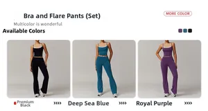 Détails des ensembles de yoga évasés à taille haute en noir, bleu et violet comparés