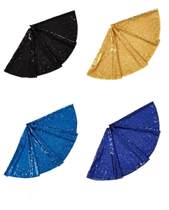 Detail of high-density sequin Christmas tree skirts in gold, black, blue and teal colors