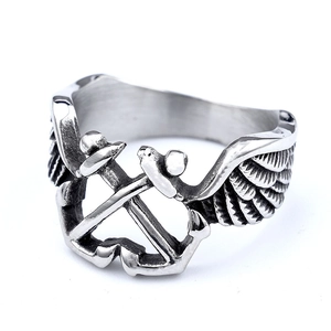 Vintage stainless steel anchor and wings punk ring for men with antique silver finish