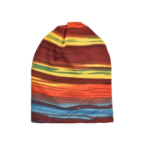 Flat lay detail showing multi-color horizontal gradient stripes on a knit beanie