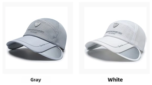 Détails de la maille respirante et visières rétractables sur casquettes grise et blanche