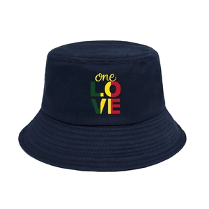 Close-up of navy blue bucket hat featuring colorful One Love printed embroidery