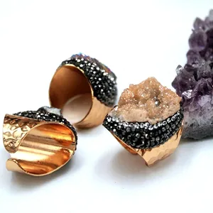 Set of three amber gold adjustable rings with raw druzy crystals and pave crystal edges