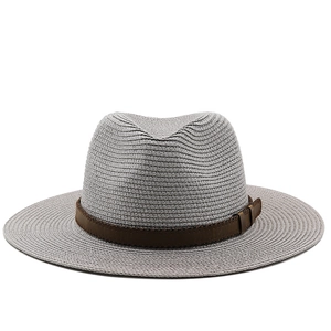 Breathable light grey straw Panama hat with wide brim and brown leather decorative band