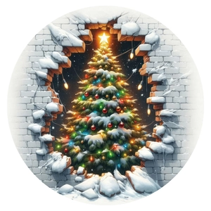 3D Christmas tree wall sticker with snow and white brick wall background in round frame