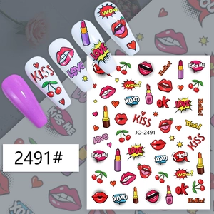 Detail of JO-2491 nail stickers with pop art red lips and heart patterns for manicure