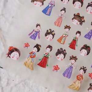 3D embossed nail art stickers featuring cute Chinese style girls and floral motifs