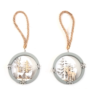 3D wooden Christmas reindeer pendants in grey circular frames for tree decoration