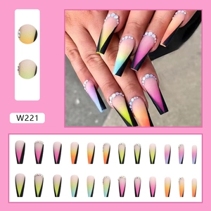 Detail view of long coffin press on nails W221 with gradient colors and rhinestones