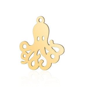 Polished gold stainless steel octopus pendant charm with hollow eyes and curled tentacles