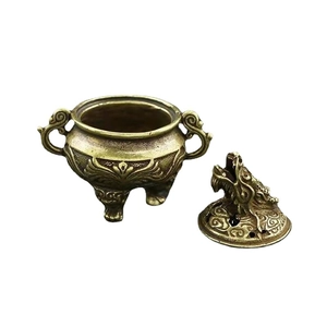 Encensoir antique en laiton avec couvercle dragon et motif de nuage phénix en bronze