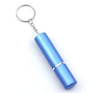 Portable 5ml blue metal perfume spray bottle with silver keychain on white background