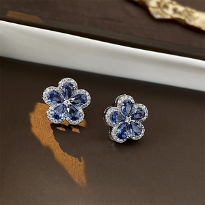 Flower Stud Earrings With Blue Zircon And 925 Sterling Silver Earring Post Vintage Floral Jewelry For Women