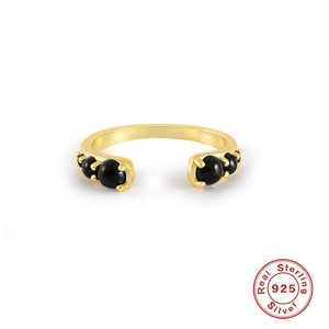 Detail view of S925 sterling silver open ring with graduated black beads and gold finish