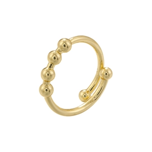Minimalist gold-plated twist ring with six polished beads on white background